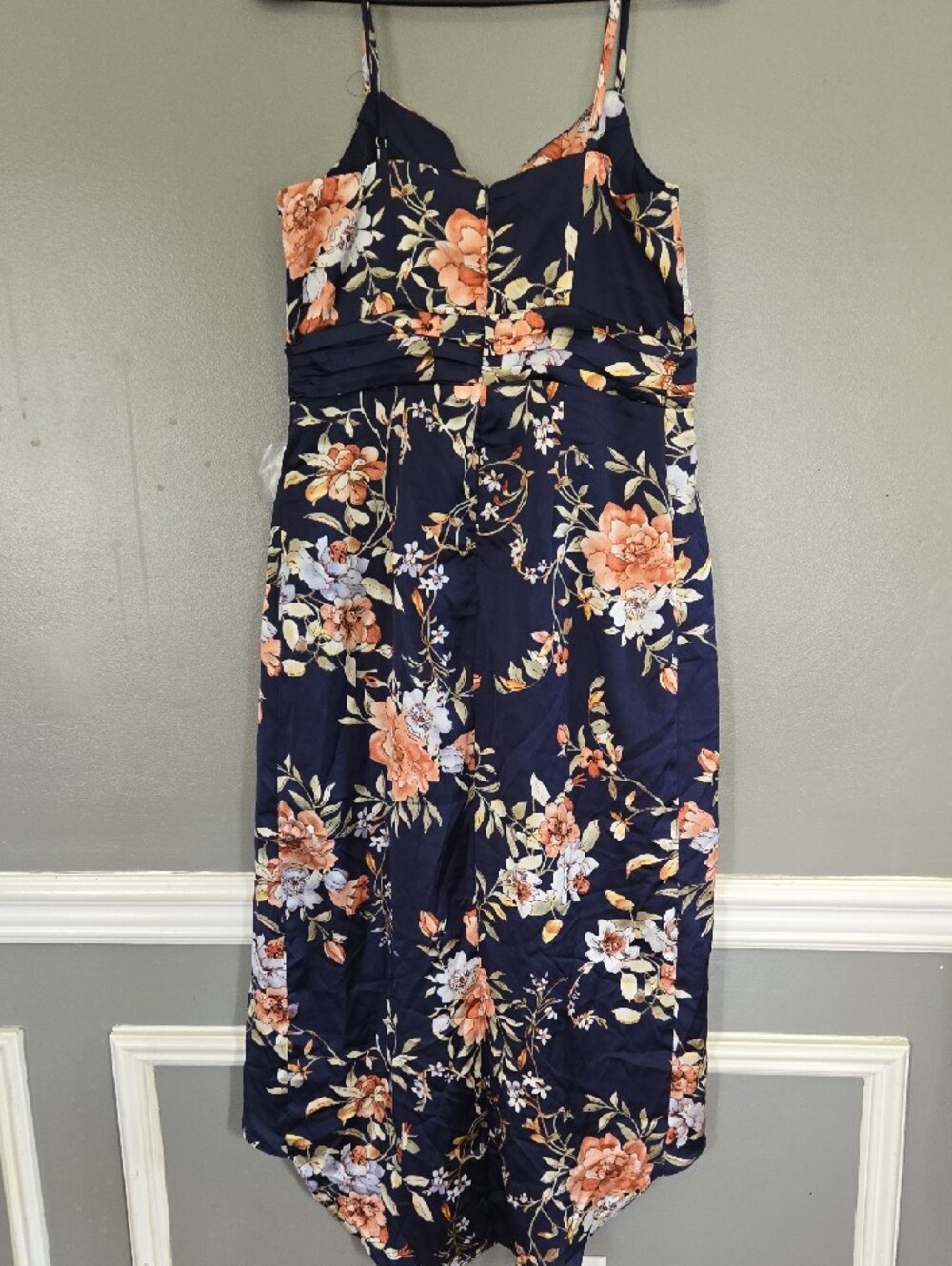 Lulu's Navy Floral Tie-Waist Spaghetti Strap Midi Dress - Picture 3 of 7